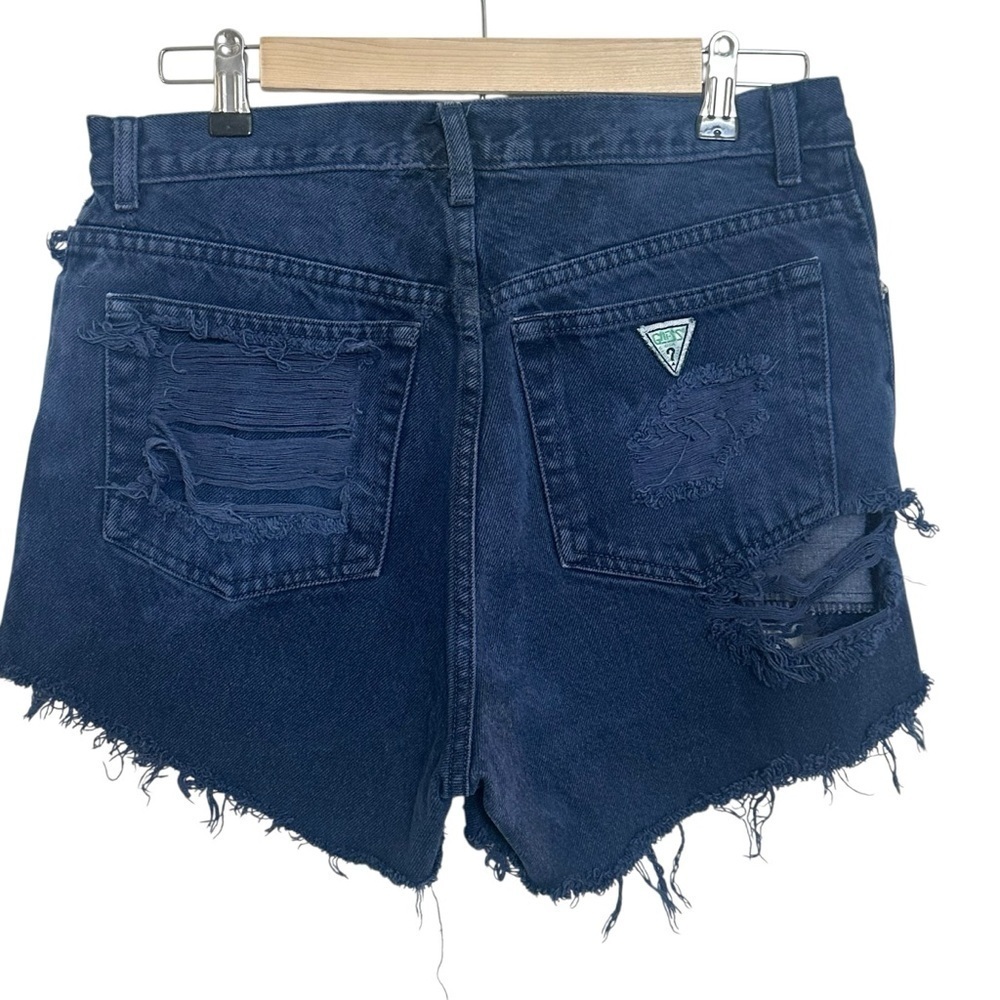 Vintage GUESS Blue High Rise Raw Hem Jean Shorts Size 33 Made in USA 100% Cotton - Picture 3 of 7